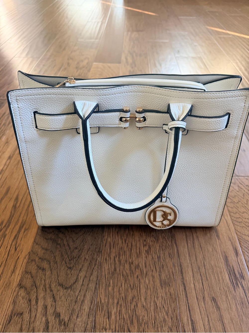 White Structured Tote Handbag Gold Charm Black Trim Purse